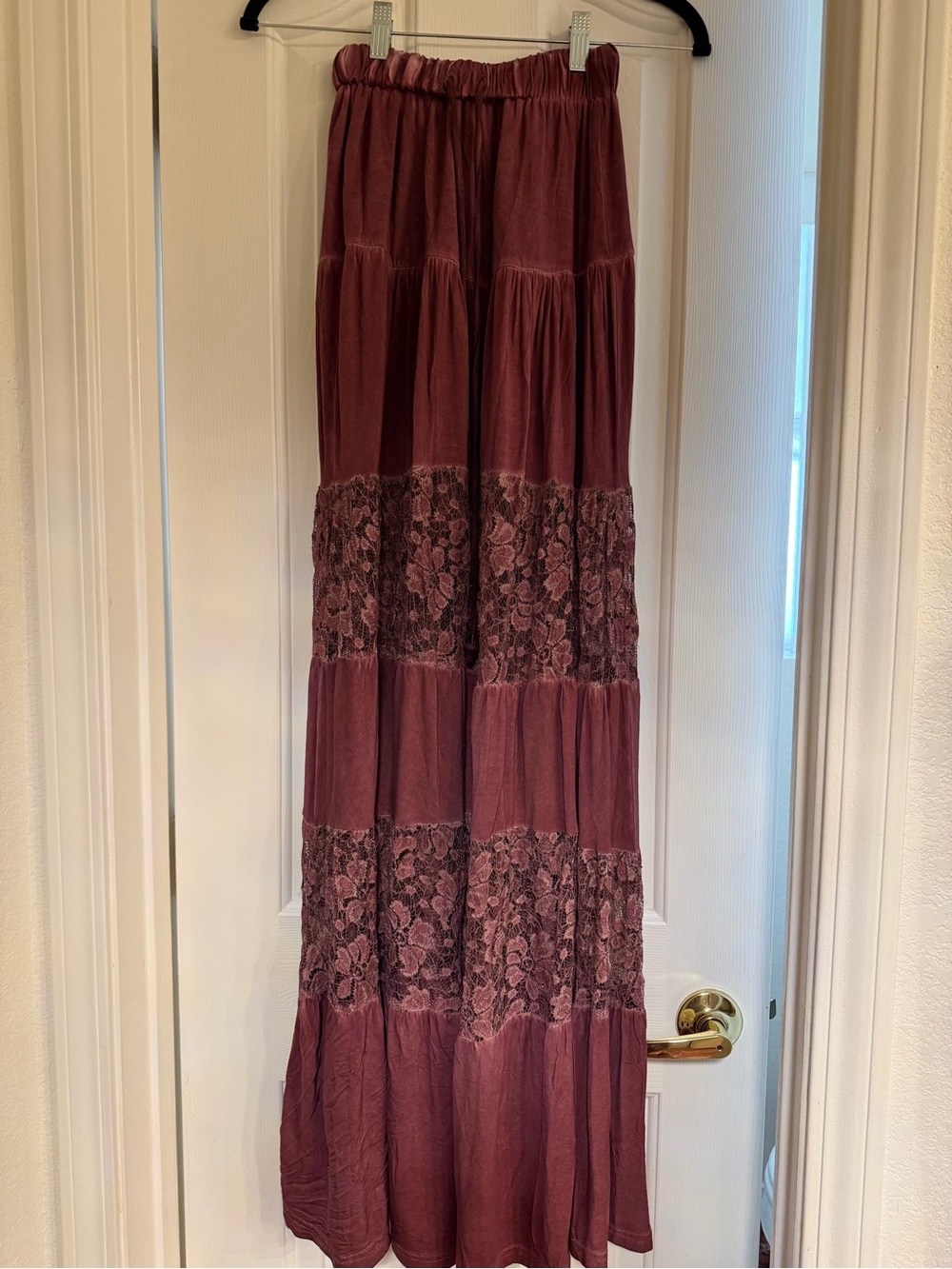 POL Burgundy Lace-Panel Maxi Skirt